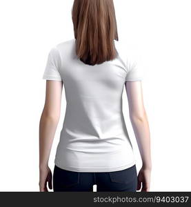 White blank t-shirt template on female body  back view  isolated on white background