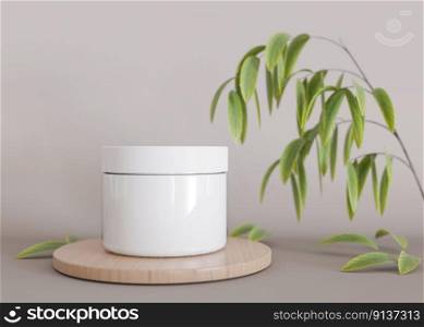 White, blank, unbranded cosmetic cream jar standing on wooden podium, with tree branch and leaves. Skin care product presentation on beige background. Modern mock up. Jar with copy space. 3D render. White, blank, unbranded cosmetic cream jar standing on wooden podium, with tree branch and leaves. Skin care product presentation on beige background. Modern mock up. Jar with copy space. 3D render.