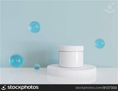 White, blank, unbranded cosmetic cream jar with flying spheres on blue background. Skin care product presentation. Elegant mockup. Skincare, beauty and spa. Jar with copy space. 3D rendering. White, blank, unbranded cosmetic cream jar with flying spheres on blue background. Skin care product presentation. Elegant mockup. Skincare, beauty and spa. Jar with copy space. 3D rendering.