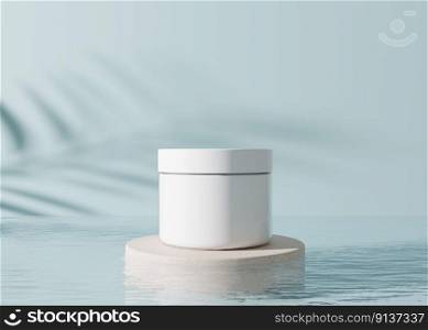 White, blank, unbranded cosmetic cream jar with leaves shadows and water on blue background. Skin care product presentation. Elegant mockup. Skincare, beauty and spa. Jar with copy space. 3D render. White, blank, unbranded cosmetic cream jar with leaves shadows and water on blue background. Skin care product presentation. Elegant mockup. Skincare, beauty and spa. Jar with copy space. 3D rendering