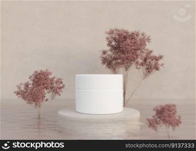 White, blank, unbranded cosmetic cream jar with plants in water on beige background. Skin care product presentation. Elegant mockup. Skincare, beauty and spa. Jar with copy space. 3D rendering. White, blank, unbranded cosmetic cream jar with plants in water on beige background. Skin care product presentation. Elegant mockup. Skincare, beauty and spa. Jar with copy space. 3D rendering.