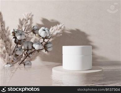 White, blank, unbranded cosmetic cream jar with water, p&as grass and cotton plant on beige background. Skin care product presentation. Modern mockup. Beauty and spa. Jar with copy space. 3D render. White, blank, unbranded cosmetic cream jar with water, p&as grass and cotton plant on beige background. Skin care product presentation. Modern mockup. Beauty and spa. Jar with copy space. 3D render.