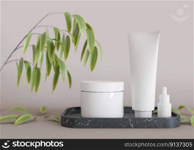 White, blank, unbranded cosmetic cream jars and tubes standing on podium, with tree branch and leaves. Skin care product presentation. Modern mock up. Jar, tube with copy space. 3D render. White, blank, unbranded cosmetic cream jars and tubes standing on podium, with tree branch and leaves. Skin care product presentation. Modern mock up. Jar, tube with copy space. 3D render.