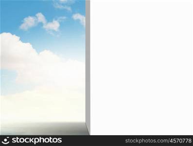 White blank wall. Background image with blank wall and nature landscape