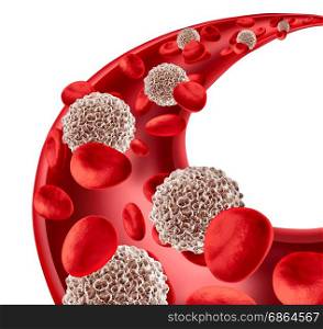 White blood cells circulation concept in a human artery flowing through red blood as a microbiology symbol of the human immune system fighting off infections defending and protecting the body from infectious disease as a 3D illustration.