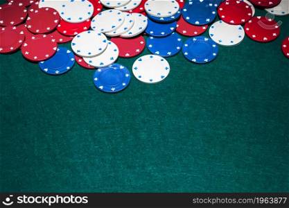 white blue red casino chips green background. High resolution photo. white blue red casino chips green background. High quality photo