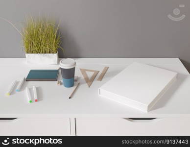 White book cover mock up on white table. Blank template for your design. Top view, close-up. Book, catalogue cover presentation. 3D rendering. White book cover mock up on white table. Blank template for your design. Top view, close-up. Book, catalogue cover presentation. 3D rendering.
