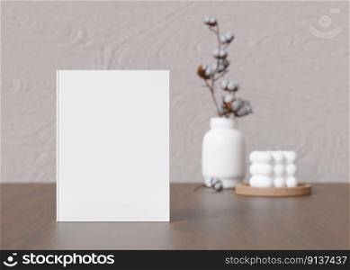 White book cover mock up with vase and candle on sideboard. Blank template for your design. Front view, close-up. Book, catalogue cover presentation. 3D rendering. White book cover mock up with vase and candle on sideboard. Blank template for your design. Front view, close-up. Book, catalogue cover presentation. 3D rendering.