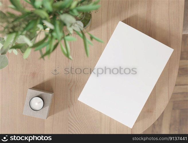 White book cover mock up with vase and other home accessories on wooden table. Blank template for your design. Top view, close-up. Book, catalogue cover presentation. 3D rendering. White book cover mock up with vase and other home accessories on wooden table. Blank template for your design. Top view, close-up. Book, catalogue cover presentation. 3D rendering.
