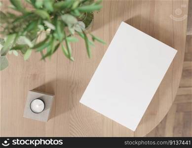 White book cover mock up with vase and other home accessories on wooden table. Blank template for your design. Top view, close-up. Book, catalogue cover presentation. 3D rendering. White book cover mock up with vase and other home accessories on wooden table. Blank template for your design. Top view, close-up. Book, catalogue cover presentation. 3D rendering.