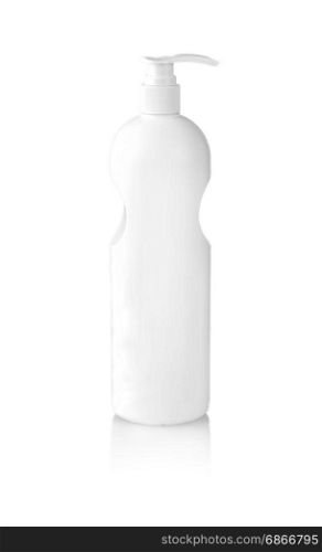 White bottle with shampoo with dispenser on white background