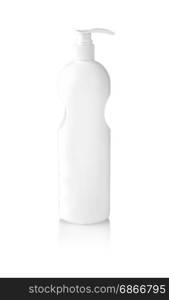 White bottle with shampoo with dispenser on white background