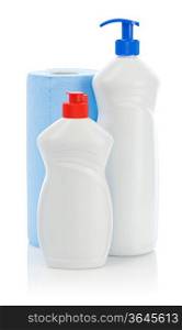 white bottles and blue towel isolated