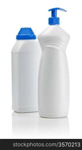 white bottles with blue lids