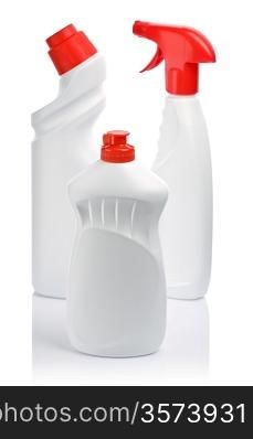 white bottles with red covers