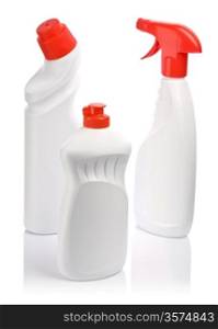 white bottles with red covers