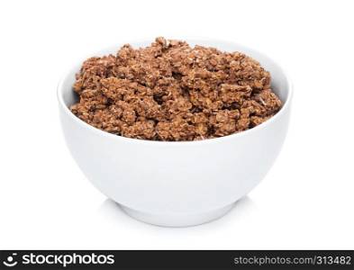 White bowl with natural organic chocolate granola cereal on white