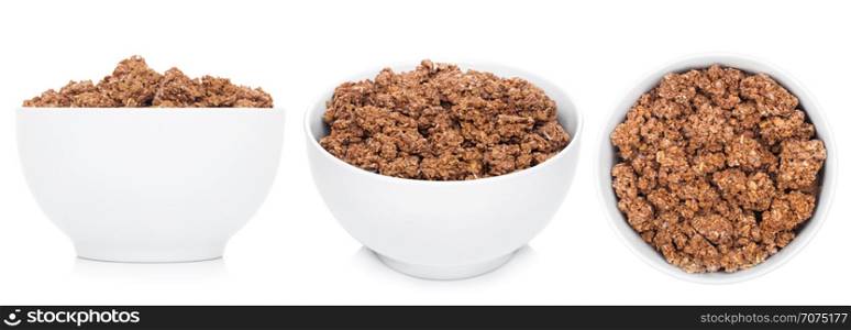 White bowl with natural organic chocolate granola cereal on white