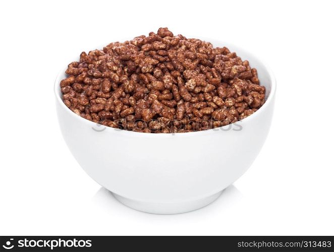 White bowl with natural organic granola cereal chocolate flakes on white