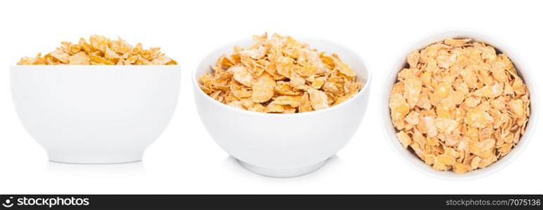 White bowl with natural organic granola cereal corn flakes on white.