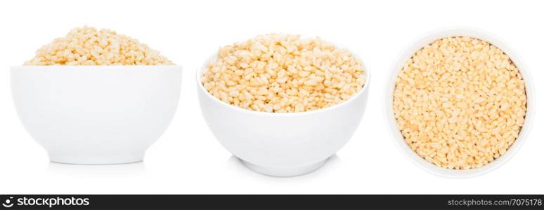 White bowl with natural organic granola cereal corn rice on white