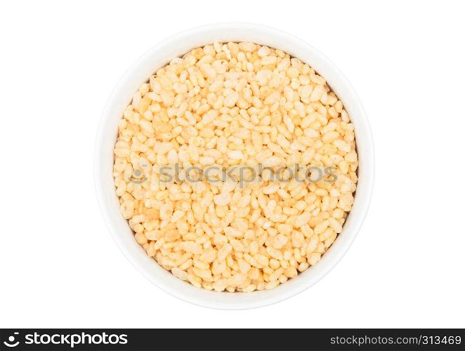 White bowl with natural organic granola cereal corn rice on white.Top view
