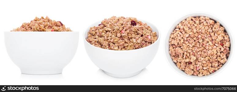 White bowl with natural organic granola cereal with summer fruits on white
