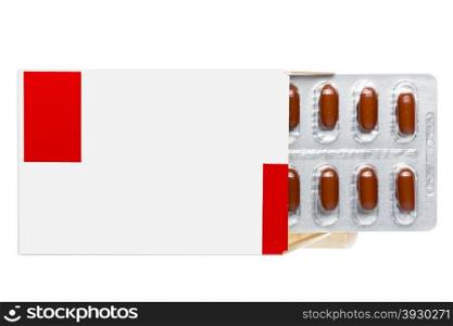 White box with brown pills in a blister pack on an isolated background. White box with brown in a blister pack