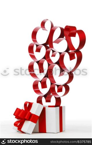 White box with red ribbons and decorative hearts isolated on white background