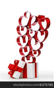 White box with red ribbons and decorative hearts isolated on white background