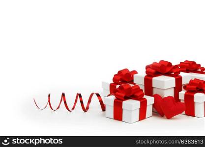 White boxes with red handmade hearts and decorative hearts isolated on white background