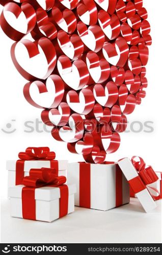 White boxes with red ribbons and decorative hearts isolated on white background