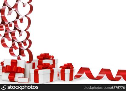 White boxes with red ribbons and decorative hearts isolated on white background. Love gifts