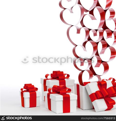 White boxes with red ribbons and decorative hearts isolated on white background. Love gifts
