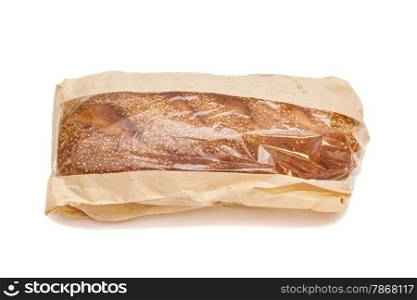 White bread with sesame in a paper bag isolated on white background