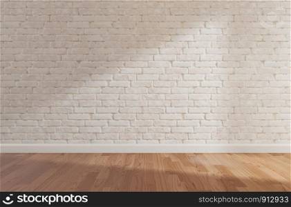 White brick wall and wooden floor, mock up,copy space,3d rendering