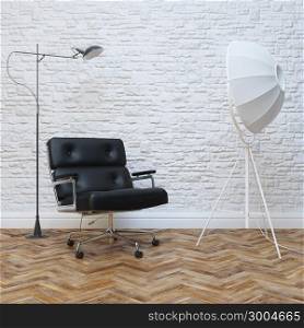 White Brick Wall Interior With Black Leather Office Armchair
