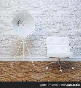 White Brick Wall Office Inteior Leather Armchair And Lighting