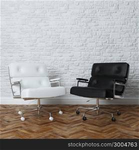 White Brick Wall Office Interior With Two Leather Armchairs