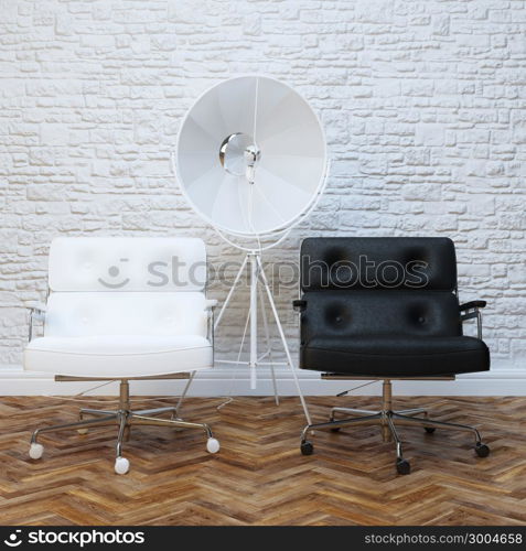 White Brick Wall Office Interior With Two Leather Armchairs Version With Lighting