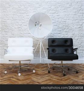 White Brick Wall Office Interior With Two Leather Armchairs Version With Lighting