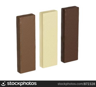 White, brown and dark chocolate wafers, isolated on white background