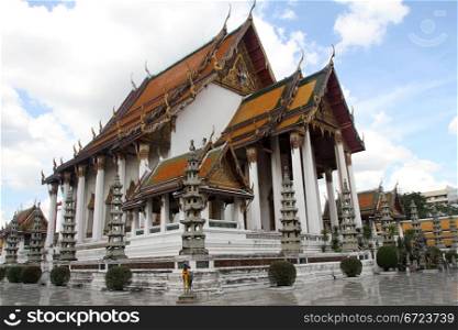 White buddhist temple in wat Suthat in Bangkok, Thailand