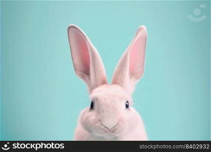 White bunny rabbit head on blue pastel background, Happy easter holiday concept
