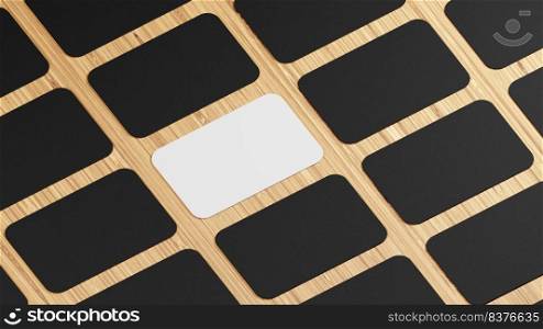 White business card surrounded by black business cards on wooden desk , 3d illustration
