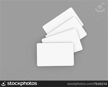 White business cards mock up on gray background. 3d render illustration.. White business cards mock up on gray background.