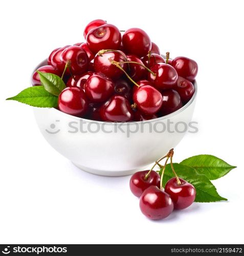 white caeramic bowl of sweet cherry fruits isolated on white background.. white caeramic bowl of sweet cherry fruits isolated on white background