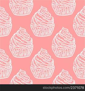 White cakes on pink background seamless pattern. Delicate background with delicious pastries. Template for design of confectionery, packaging and paper vector illustration. White cakes on pink background seamless pattern