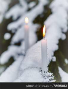 White candles on snowy spruce - christmas feeling.