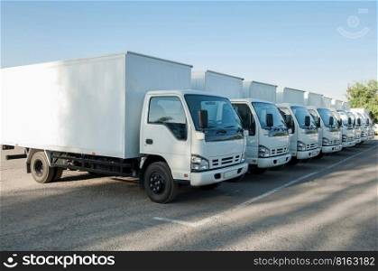 white cargo vehicles stand in a row on a parking. freight transportation. truck park. trucks stand in the parking lot in a row